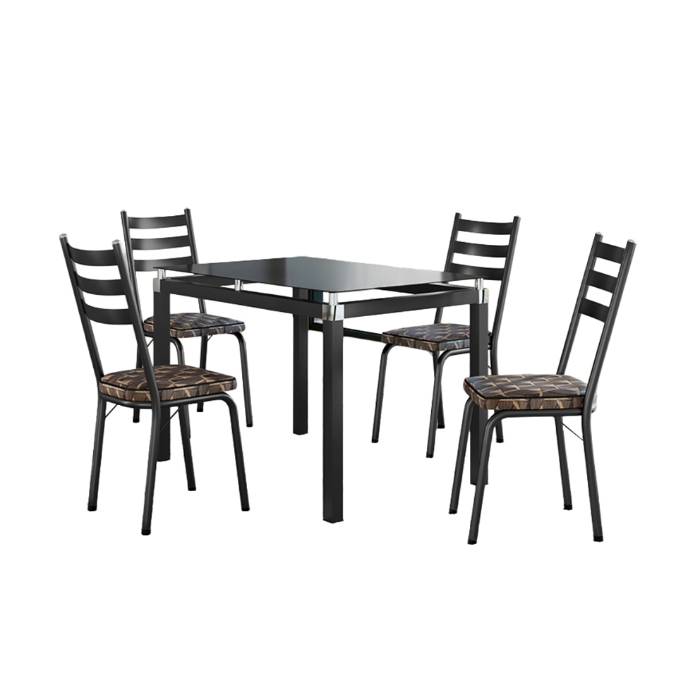 Conjunto de Mesa Retangular com Tampo de Vidro Malva e 4 Cadeiras New Revestimento Sintético Mosaico Palha e Preto 107 cm