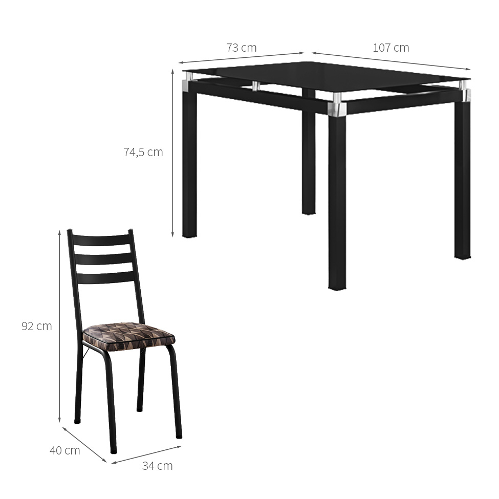 Conjunto de Mesa Retangular com Tampo de Vidro Malva e 4 Cadeiras New Revestimento Sintético Mosaico Palha e Preto 107 cm