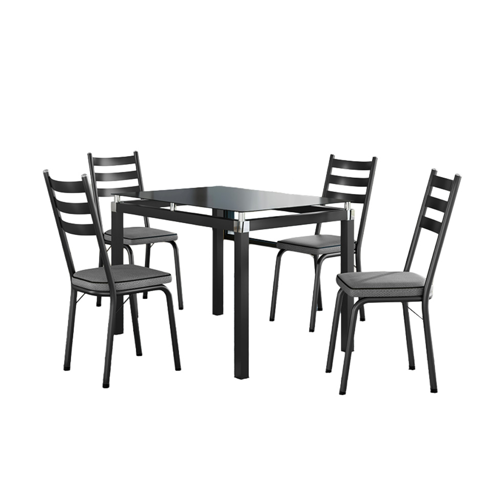 Conjunto de Mesa Retangular com Tampo de Vidro Malva e 4 Cadeiras New Revestimento Sintético Platina e Preto 107 cm