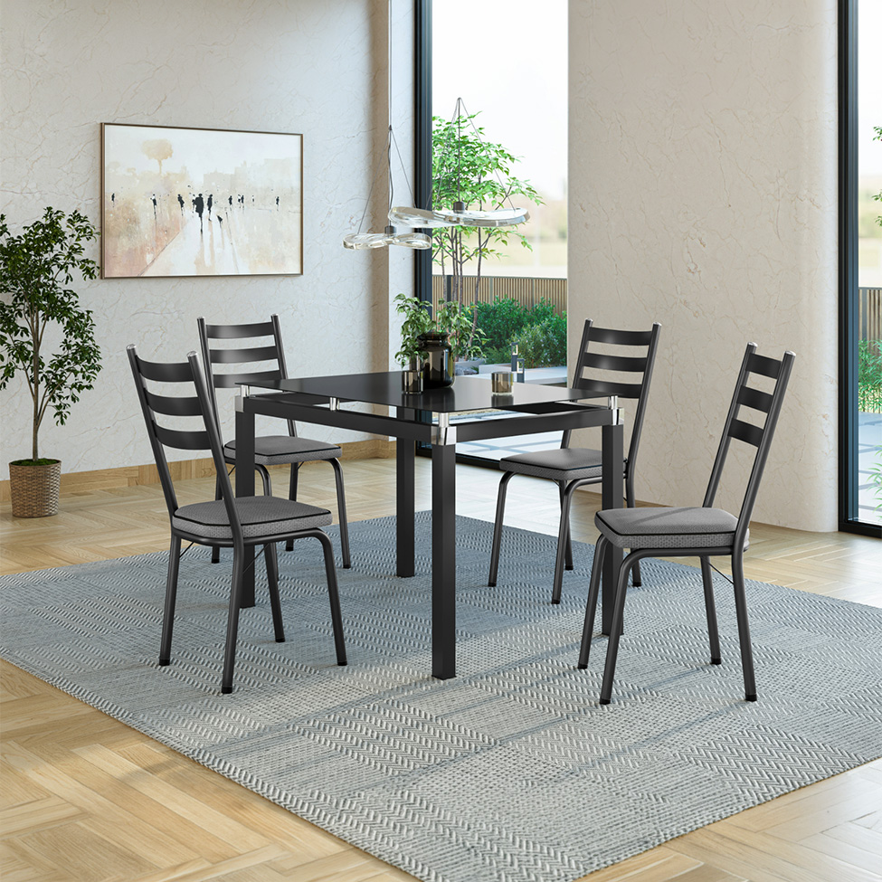 Conjunto de Mesa Retangular com Tampo de Vidro Malva e 4 Cadeiras New Revestimento Sintético Platina e Preto 107 cm