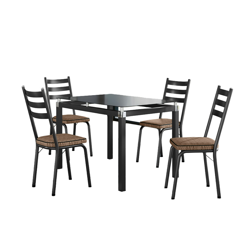 Conjunto de Mesa Retangular com Tampo de Vidro Malva e 4 Cadeiras New Revestimento Sintético Rattan e Preto 107 cm