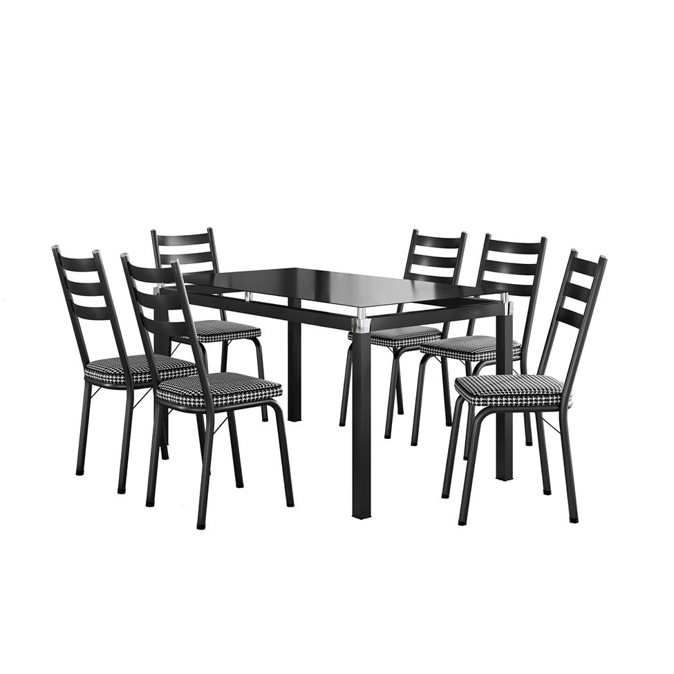 Conjunto de Mesa Retangular com Tampo de Vidro Malva e 6 Cadeiras New Revestimento Sintético Chanel e Preto