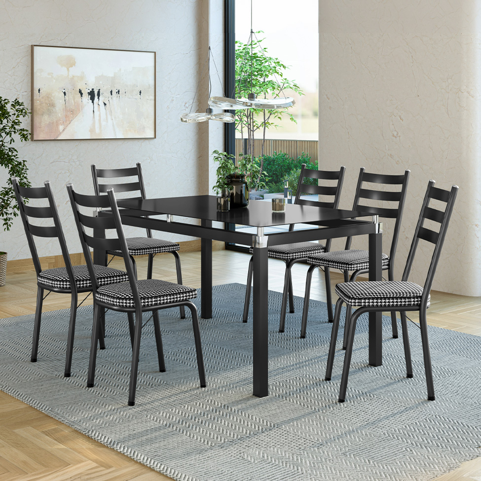 Conjunto de Mesa Retangular com Tampo de Vidro Malva e 6 Cadeiras New Revestimento Sintético Chanel e Preto