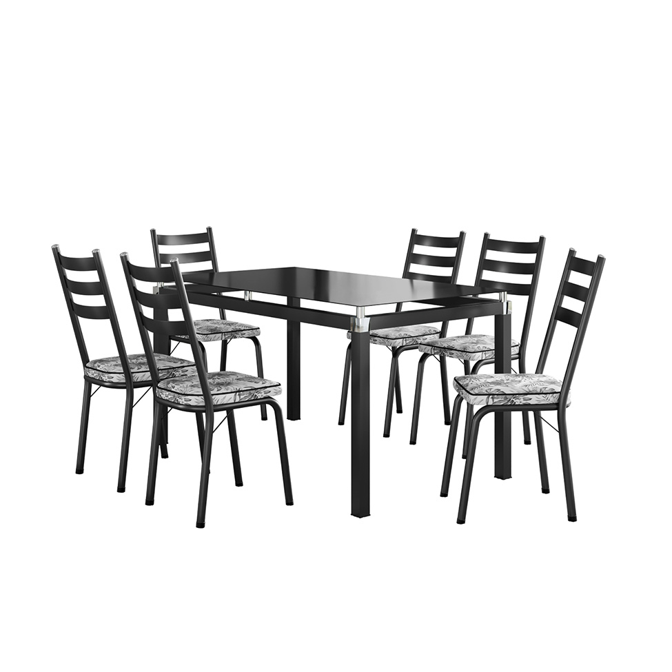 Conjunto de Mesa Retangular com Tampo de Vidro Malva e 6 Cadeiras New Revestimento Sintético Floral Cinza e Preto
