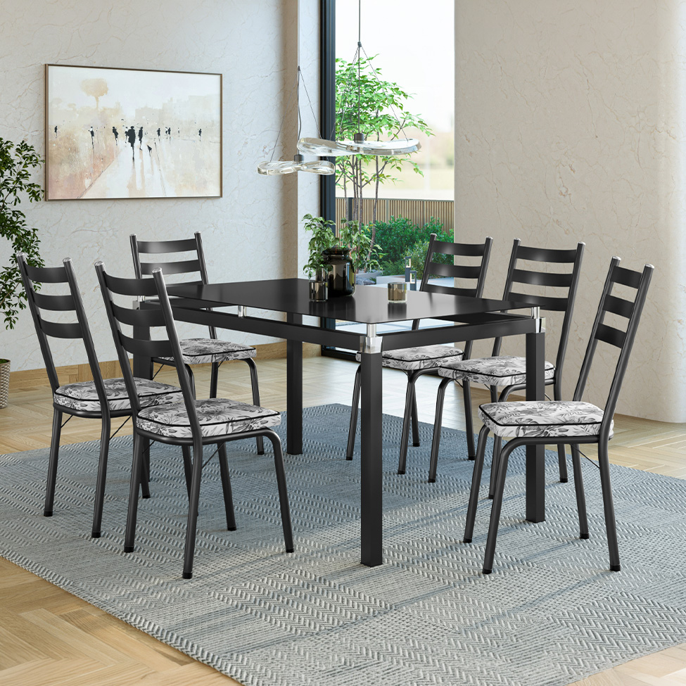 Conjunto de Mesa Retangular com Tampo de Vidro Malva e 6 Cadeiras New Revestimento Sintético Floral Cinza e Preto