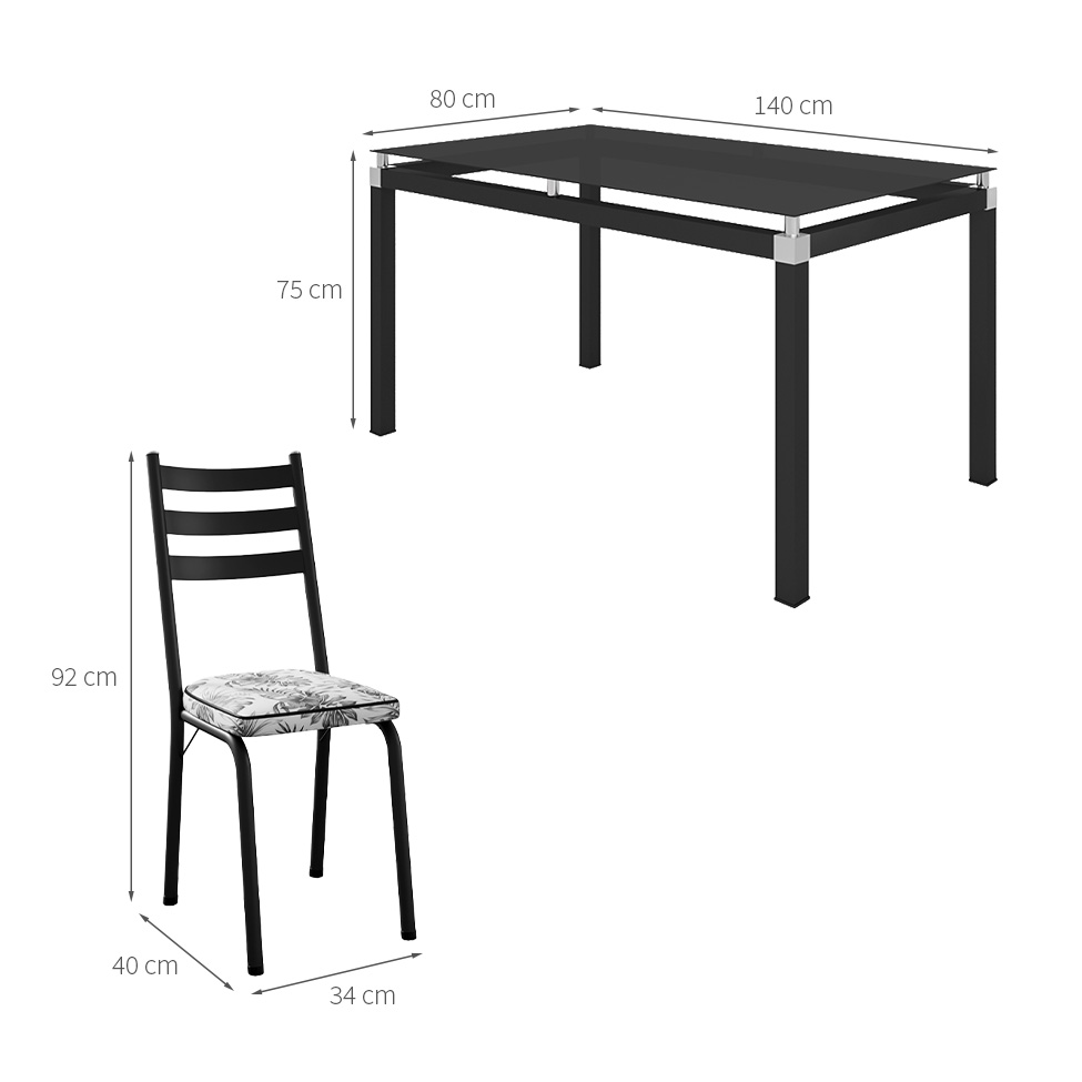 Conjunto de Mesa Retangular com Tampo de Vidro Malva e 6 Cadeiras New Revestimento Sintético Floral Cinza e Preto