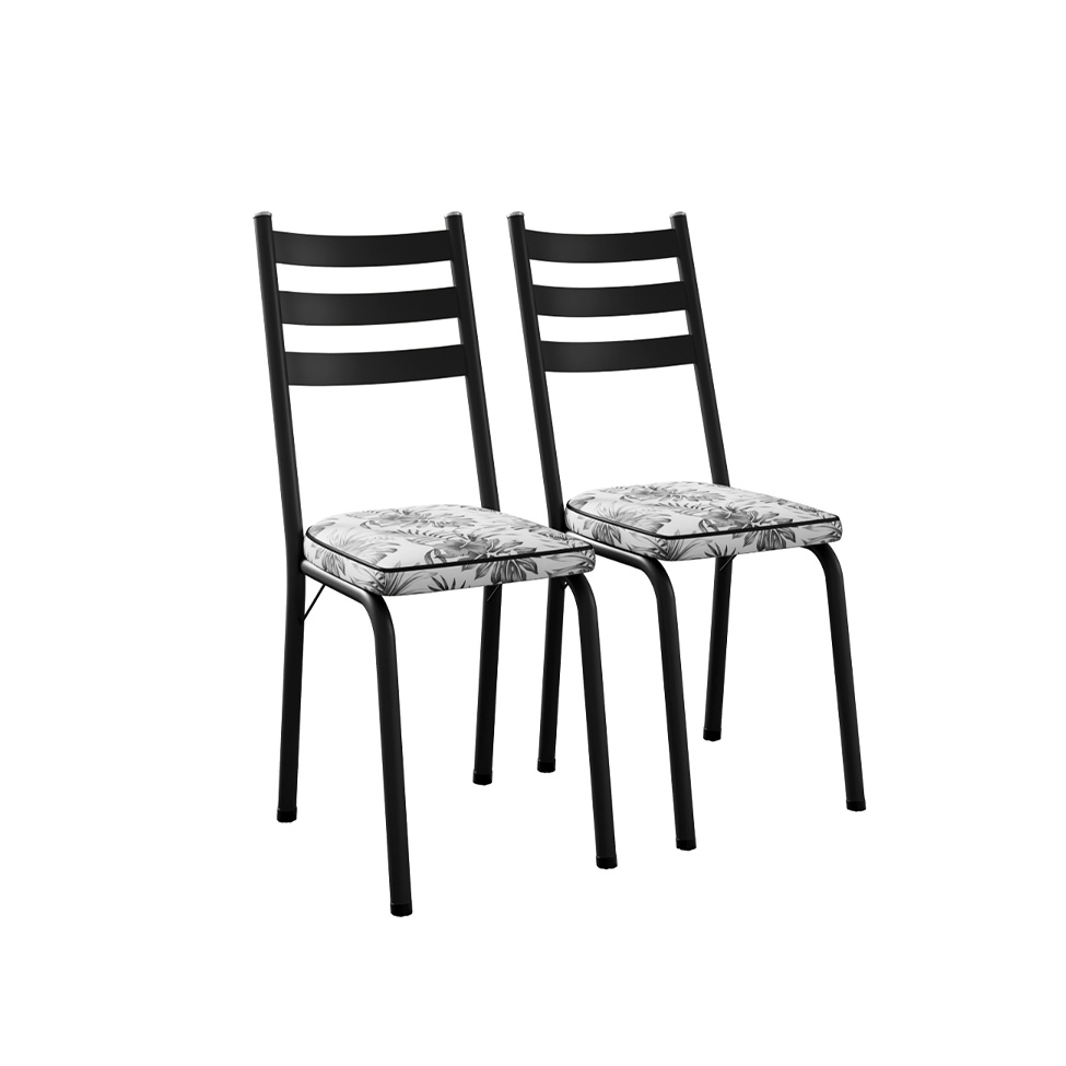 Conjunto de Mesa Retangular com Tampo de Vidro Malva e 6 Cadeiras New Revestimento Sintético Floral Cinza e Preto