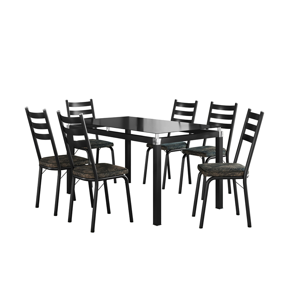 Conjunto de Mesa Retangular com Tampo de Vidro Malva e 6 Cadeiras New Revestimento Sintético Floral Dourado e Preto