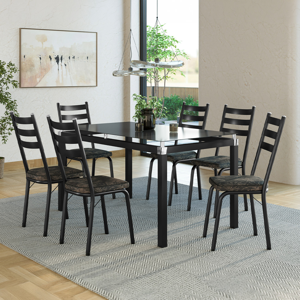 Conjunto de Mesa Retangular com Tampo de Vidro Malva e 6 Cadeiras New Revestimento Sintético Floral Dourado e Preto