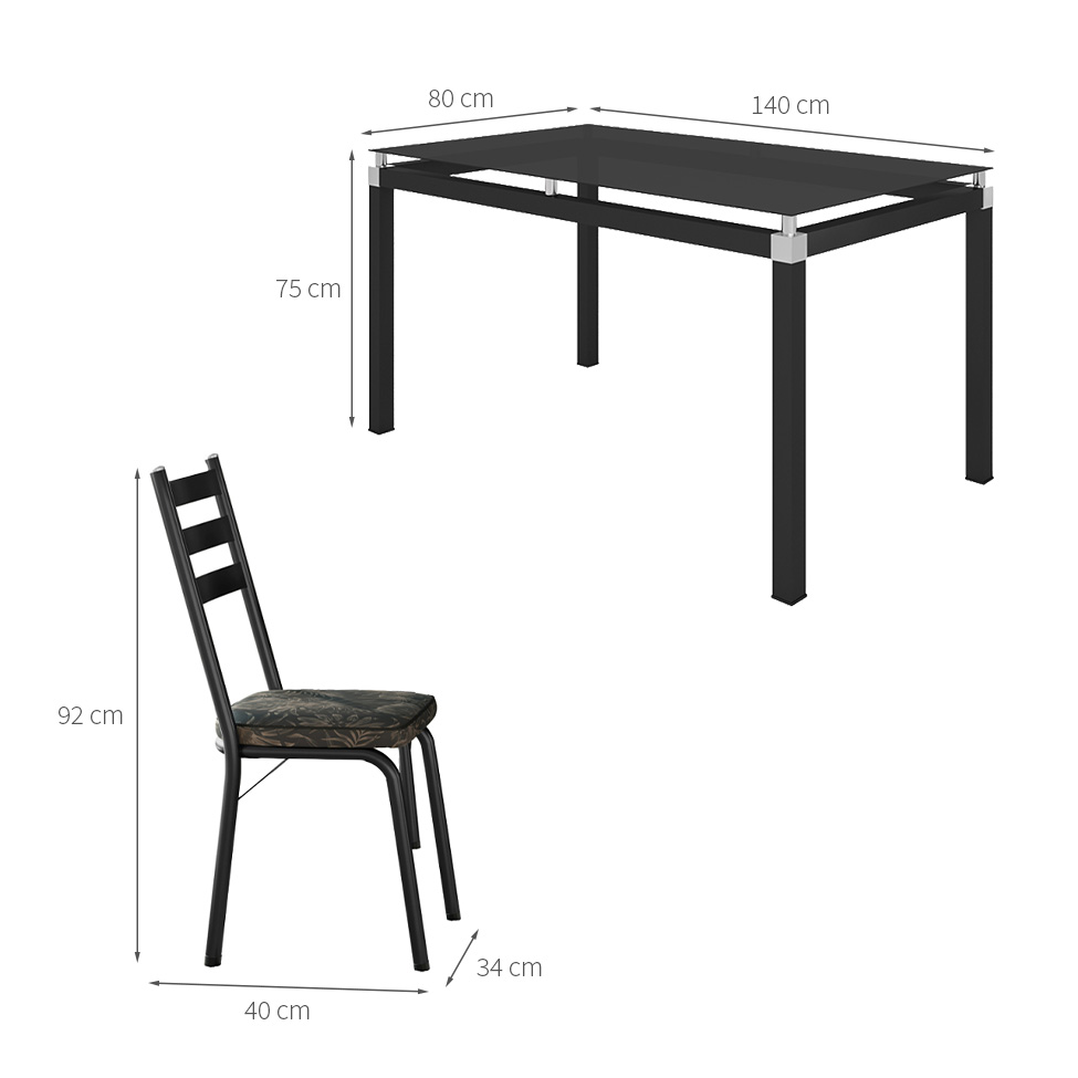 Conjunto de Mesa Retangular com Tampo de Vidro Malva e 6 Cadeiras New Revestimento Sintético Floral Dourado e Preto
