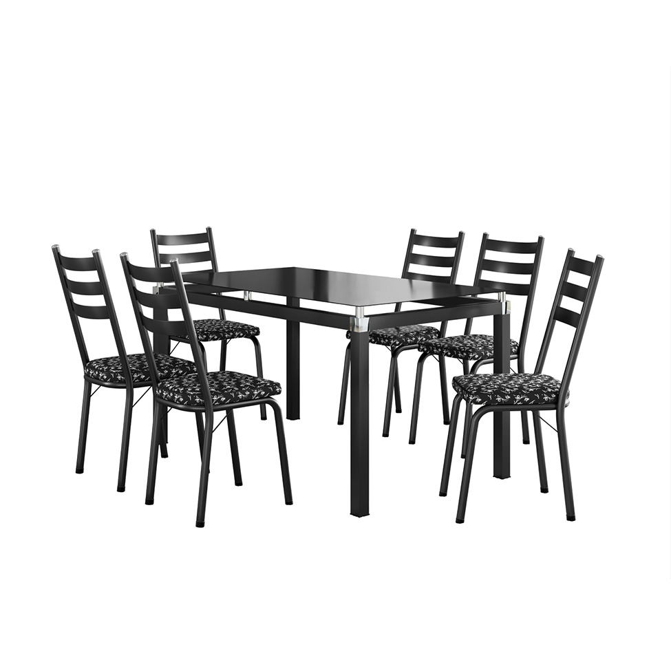 Conjunto de Mesa Retangular com Tampo de Vidro Malva e 6 Cadeiras New Revestimento Sintético Floral e Preto
