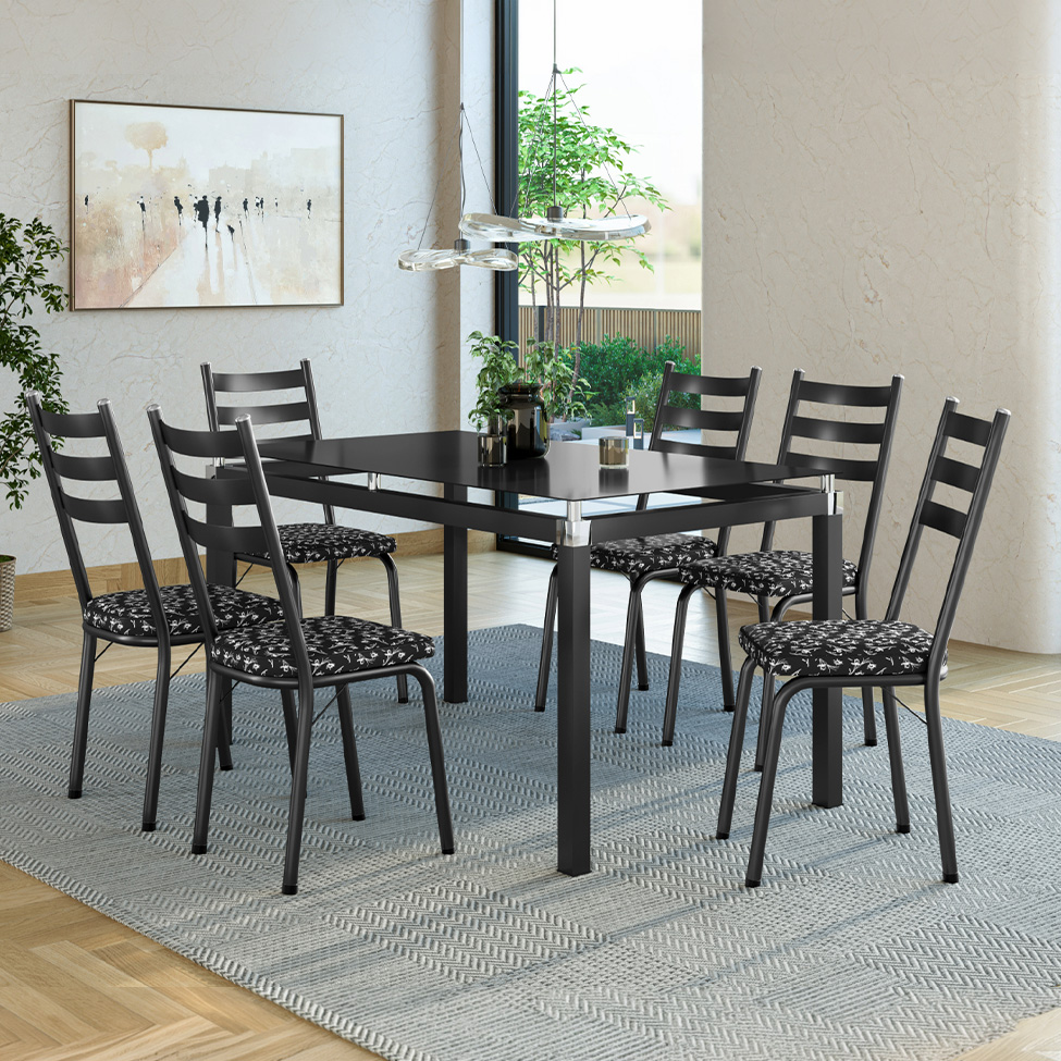 Conjunto de Mesa Retangular com Tampo de Vidro Malva e 6 Cadeiras New Revestimento Sintético Floral e Preto