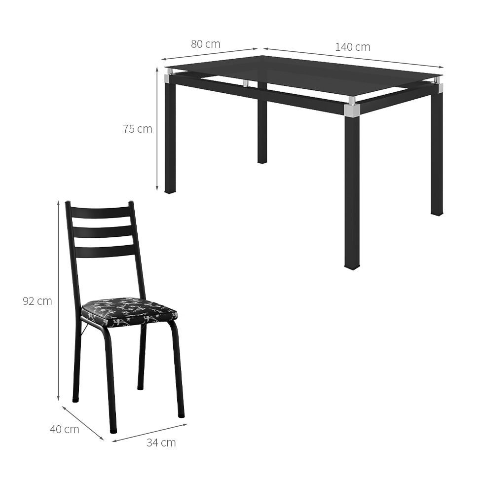 Conjunto de Mesa Retangular com Tampo de Vidro Malva e 6 Cadeiras New Revestimento Sintético Floral e Preto