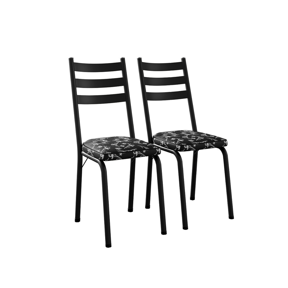 Conjunto de Mesa Retangular com Tampo de Vidro Malva e 6 Cadeiras New Revestimento Sintético Floral e Preto