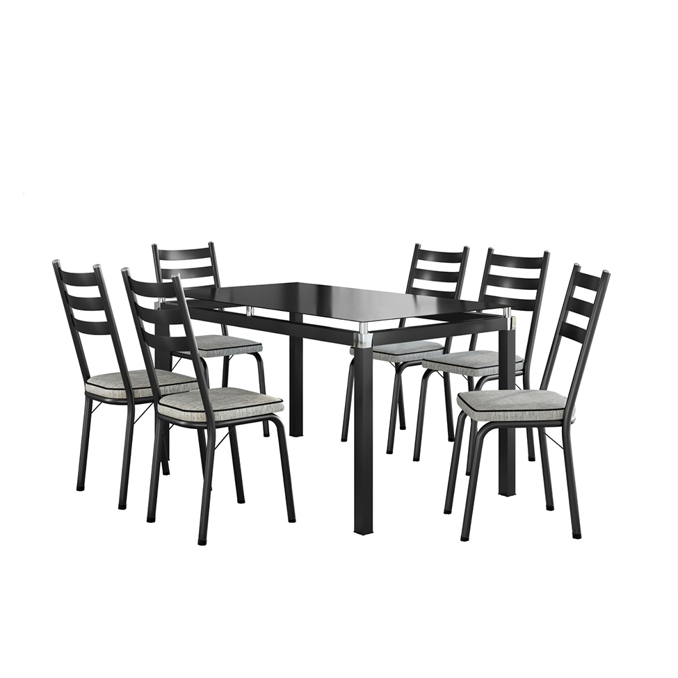 Conjunto de Mesa Retangular com Tampo de Vidro Malva e 6 Cadeiras New Revestimento Sintético Grafiato e Preto