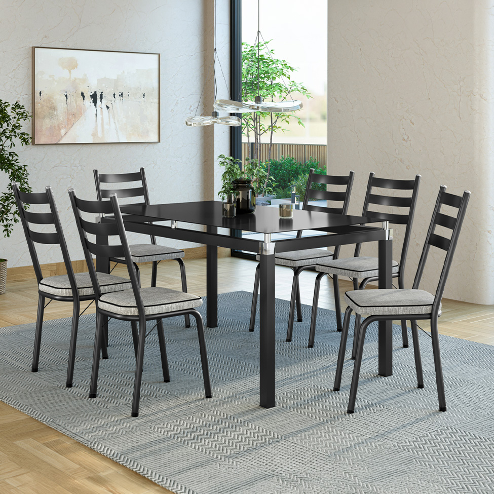Conjunto de Mesa Retangular com Tampo de Vidro Malva e 6 Cadeiras New Revestimento Sintético Grafiato e Preto