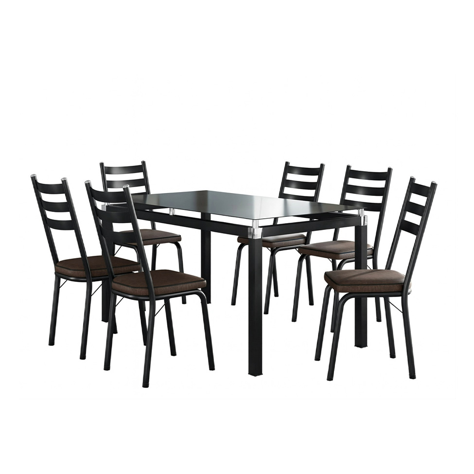Conjunto de Mesa Retangular com Tampo de Vidro Malva e 6 Cadeiras New Revestimento Sintético Imbuia e Preto