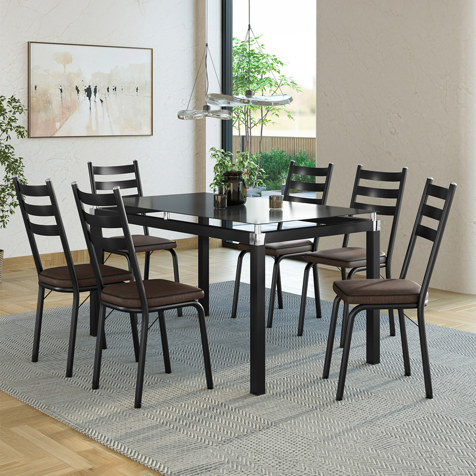 Conjunto de Mesa Retangular com Tampo de Vidro Malva e 6 Cadeiras New Revestimento Sintético Imbuia e Preto