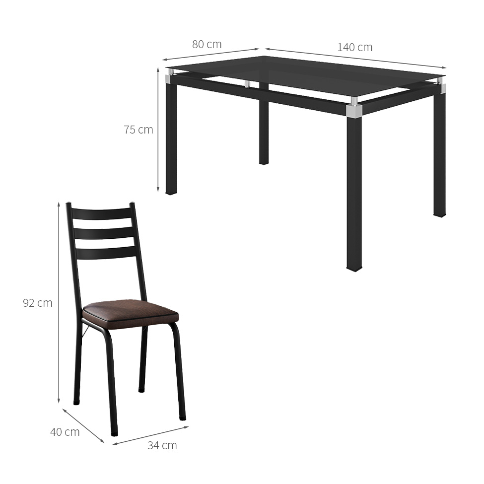 Conjunto de Mesa Retangular com Tampo de Vidro Malva e 6 Cadeiras New Revestimento Sintético Imbuia e Preto