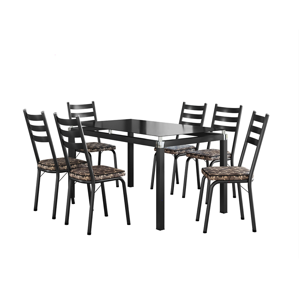 Conjunto de Mesa Retangular com Tampo de Vidro Malva e 6 Cadeiras New Revestimento Sintético Mosaico Palha e Preto