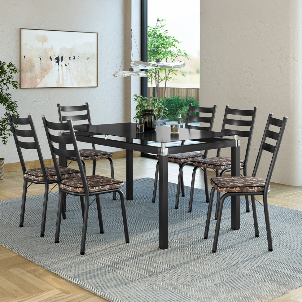 Conjunto de Mesa Retangular com Tampo de Vidro Malva e 6 Cadeiras New Revestimento Sintético Mosaico Palha e Preto