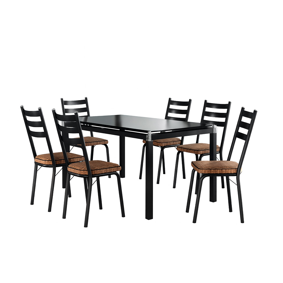 Conjunto de Mesa Retangular com Tampo de Vidro Malva e 6 Cadeiras New Revestimento Sintético Rattan e Preto