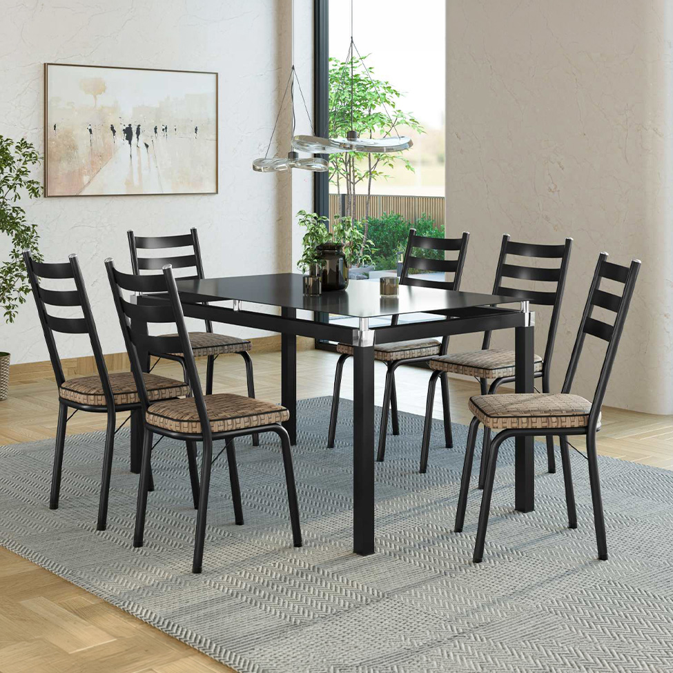 Conjunto de Mesa Retangular com Tampo de Vidro Malva e 6 Cadeiras New Revestimento Sintético Rattan e Preto