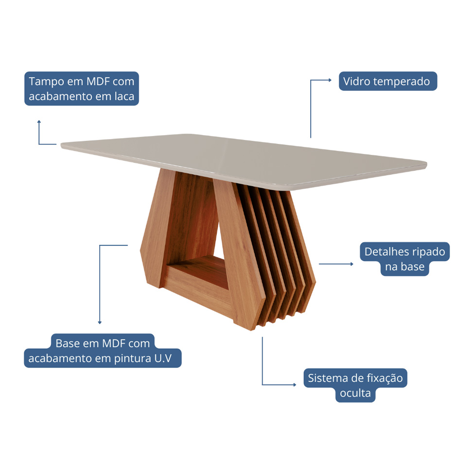 Conjunto de Mesa Retangular com Tampo de Vidro Off White Agata e 6 Cadeiras Tais e Maia Suede Bege e Amadeirado