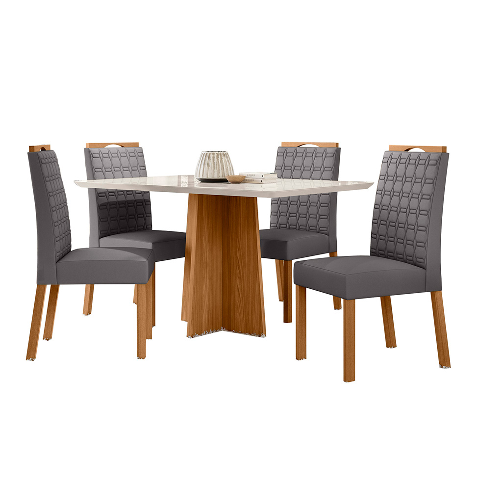 Conjunto de Mesa Retangular com Tampo de Vidro Off White Anitta e 4 Cadeiras Mariah Poliéster Cinza e Ypê