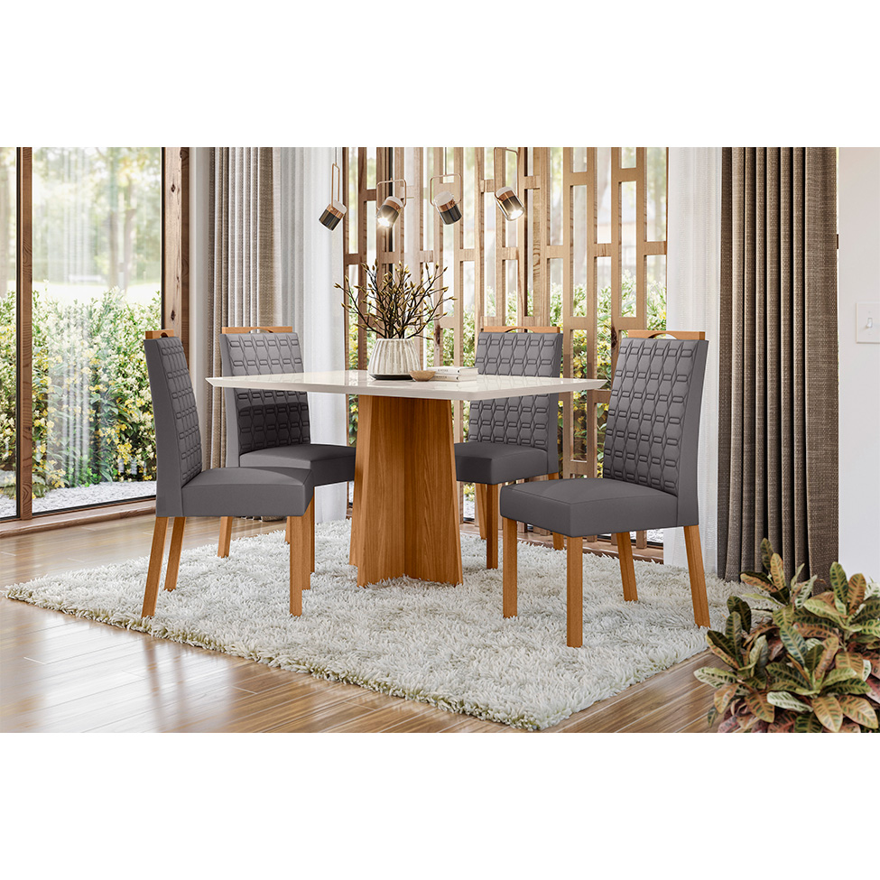 Conjunto de Mesa Retangular com Tampo de Vidro Off White Anitta e 4 Cadeiras Mariah Poliéster Cinza e Ypê