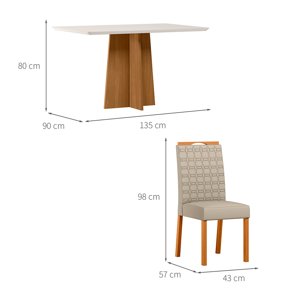 Conjunto de Mesa Retangular com Tampo de Vidro Off White Anitta e 4 Cadeiras Mariah Poliéster Nude e Ypê