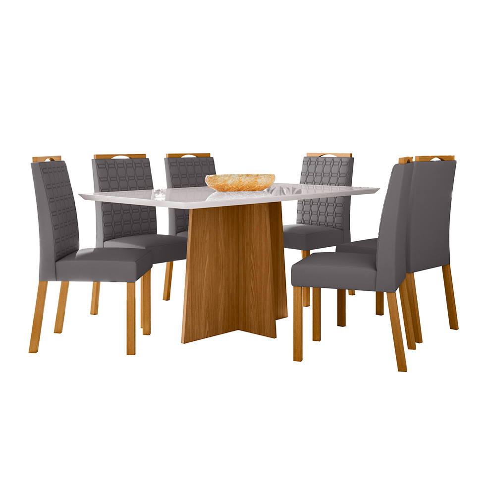 Conjunto de Mesa Retangular com Tampo de Vidro Off White Anitta e 6 Cadeiras Mariah Poliéster Cinza e Ypê
