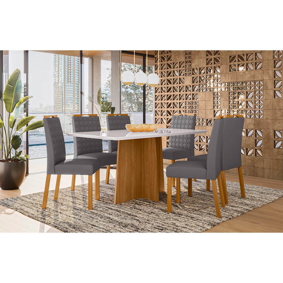 Conjunto de Mesa Retangular com Tampo de Vidro Off White Anitta e 6 Cadeiras Mariah Poliéster Cinza e Ypê