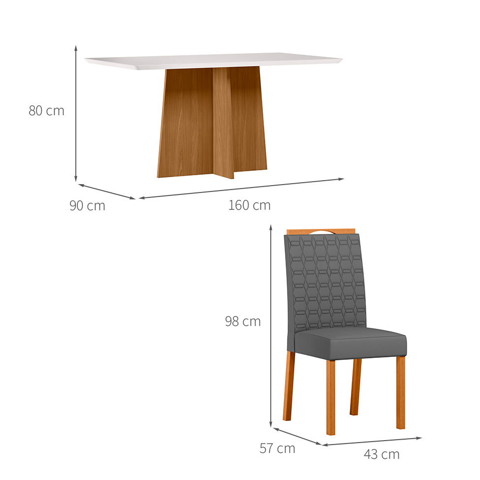 Conjunto de Mesa Retangular com Tampo de Vidro Off White Anitta e 6 Cadeiras Mariah Poliéster Cinza e Ypê