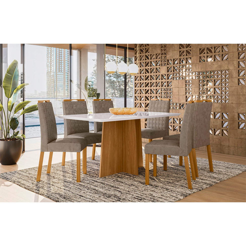 Conjunto de Mesa Retangular com Tampo de Vidro Off White Anitta e 6 Cadeiras Mariah Poliéster Marrom e Ypê