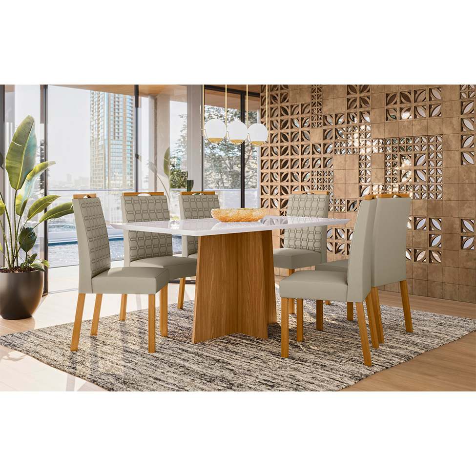 Conjunto de Mesa Retangular com Tampo de Vidro Off White Anitta e 6 Cadeiras Mariah Poliéster Nude e Ypê