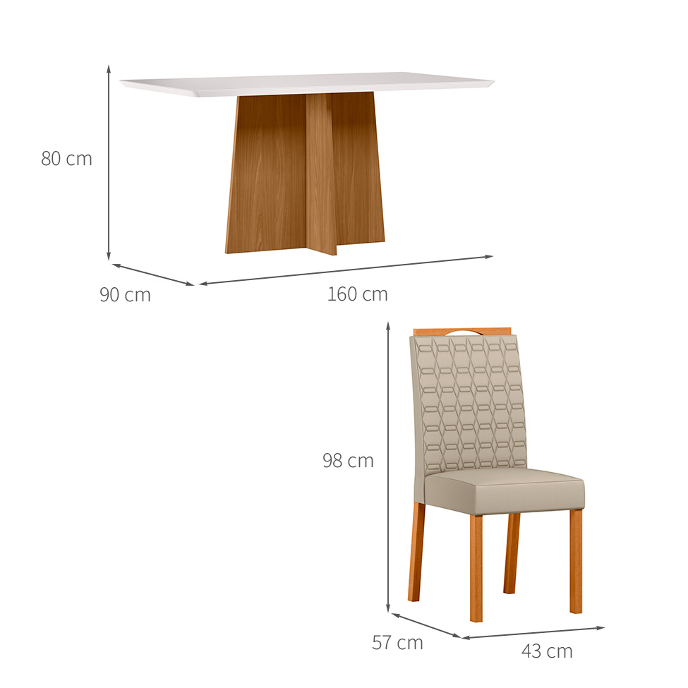 Conjunto de Mesa Retangular com Tampo de Vidro Off White Anitta e 6 Cadeiras Mariah Poliéster Nude e Ypê