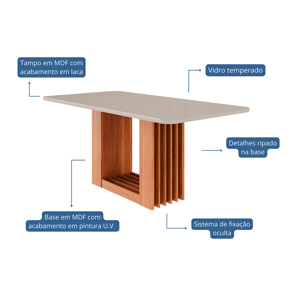 Conjunto de Mesa Retangular com Tampo de Vidro Off White Ariela e 6 Cadeiras Juliana Linho Bege e Madeira