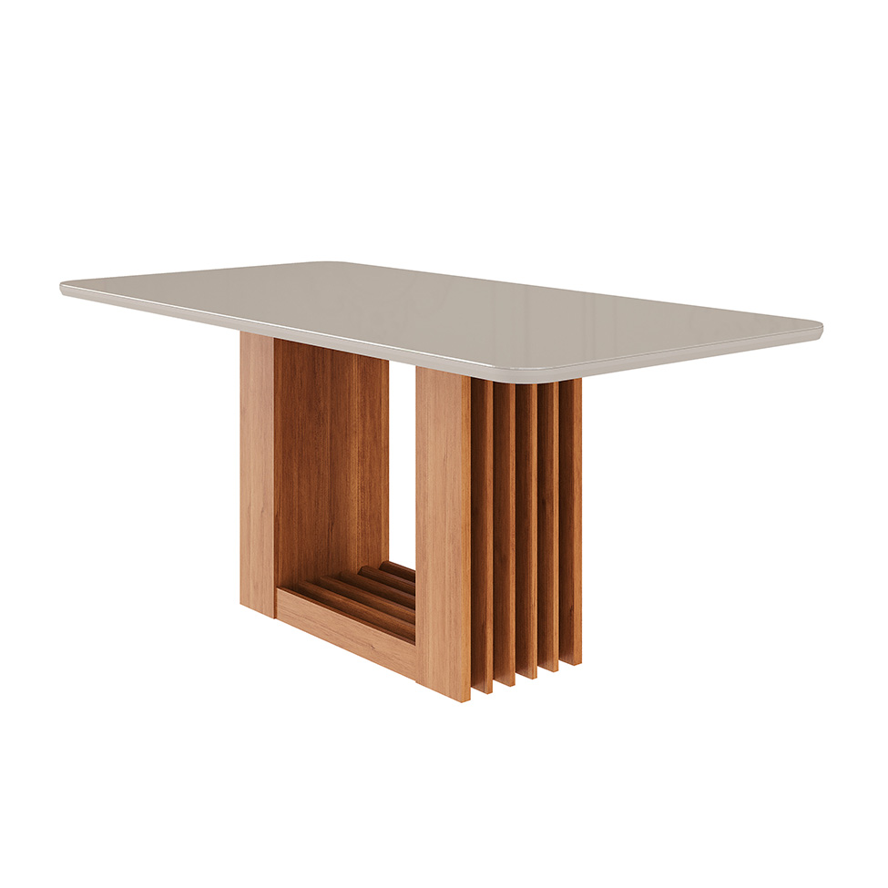Conjunto de Mesa Retangular com Tampo de Vidro Off White Ariela e 6 Cadeiras Juliana Linho Bege e Madeira
