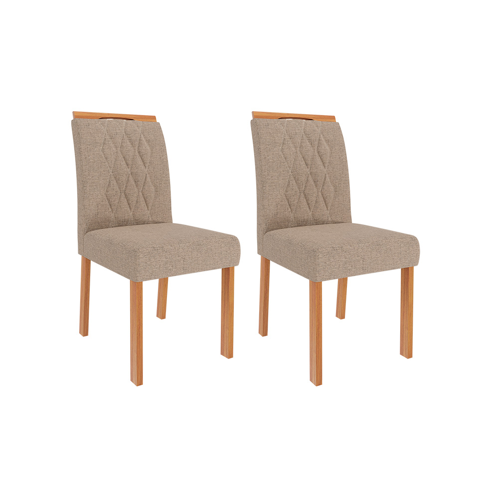 Conjunto de Mesa Retangular com Tampo de Vidro Off White Ariela e 6 Cadeiras Juliana Linho Bege e Madeira