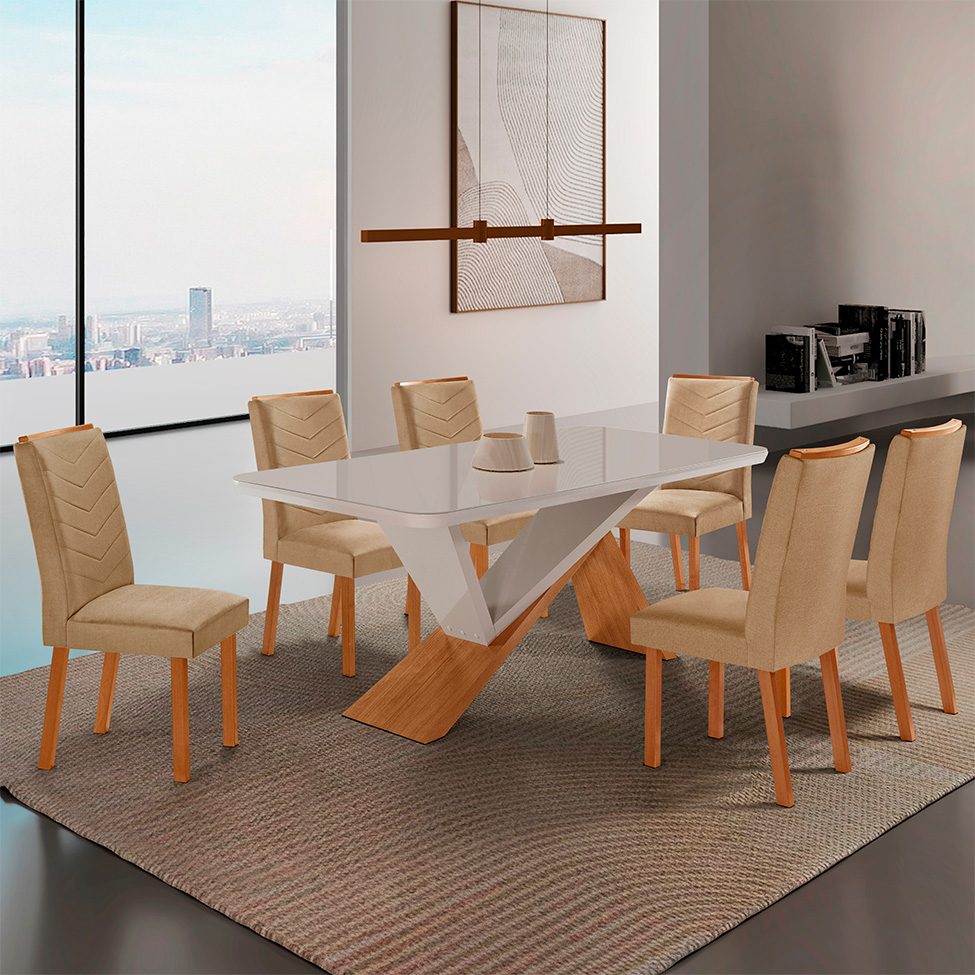 Conjunto de Mesa Retangular com Tampo de Vidro Off White Ayla e 6 Cadeiras Turquesa Linho Bege e Amadeirado 180 cm