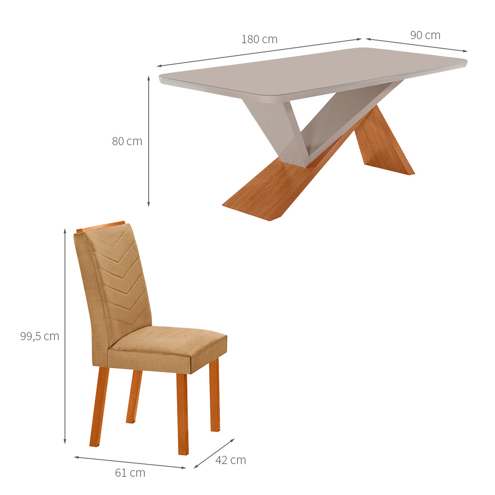 Conjunto de Mesa Retangular com Tampo de Vidro Off White Ayla e 6 Cadeiras Turquesa Linho Bege e Amadeirado 180 cm