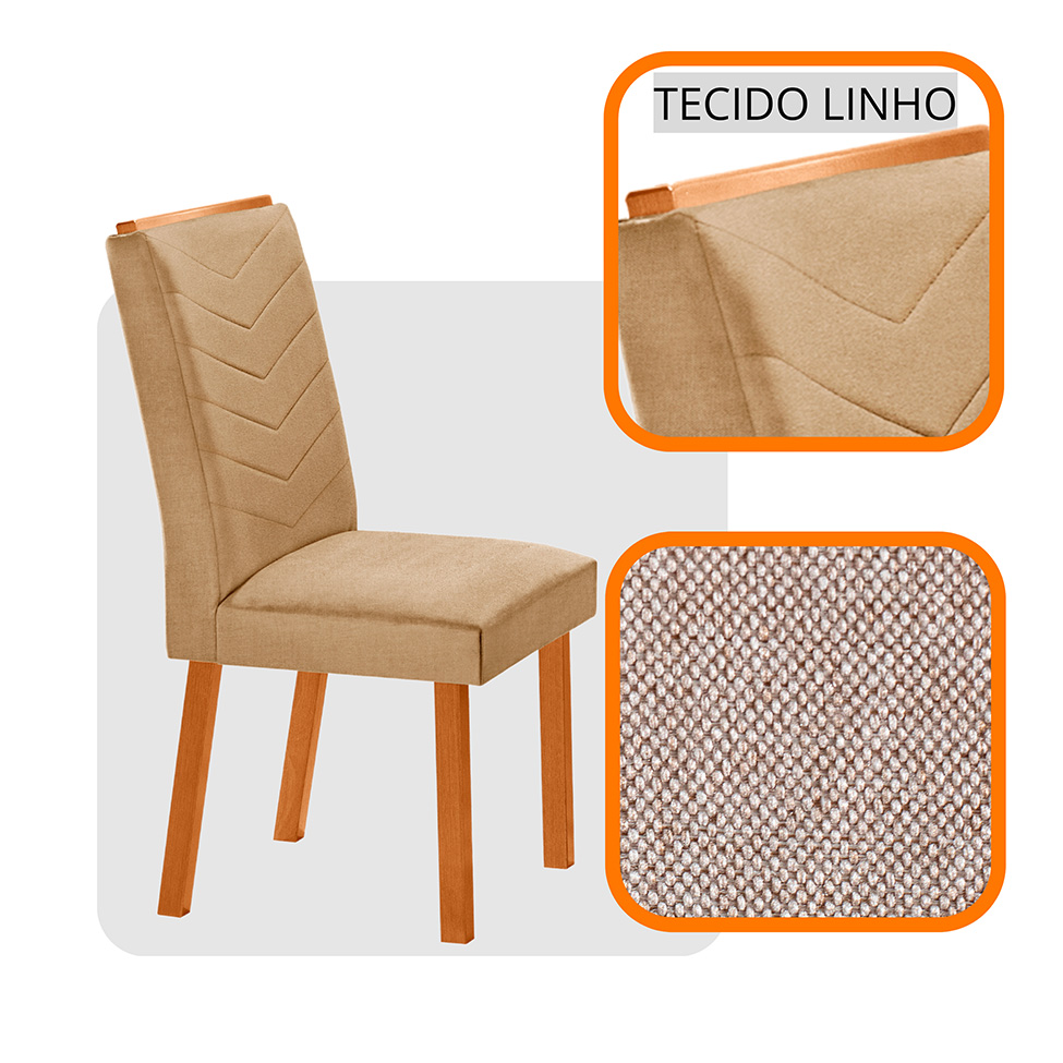 Conjunto de Mesa Retangular com Tampo de Vidro Off White Ayla e 6 Cadeiras Turquesa Linho Bege e Amadeirado 180 cm