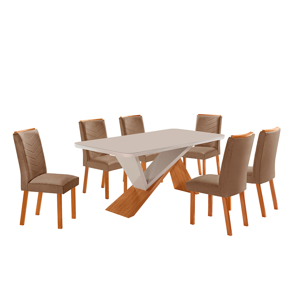 Conjunto de Mesa Retangular com Tampo de Vidro Off White Ayla e 6 Cadeiras Turquesa Veludo Capuccino e Amadeirado 180 cm