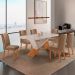 Conjunto de Mesa Retangular com Tampo de Vidro Off White Ayla e 6 Cadeiras Turquesa Veludo Capuccino e Amadeirado 180 cm