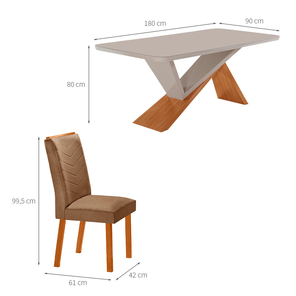 Conjunto de Mesa Retangular com Tampo de Vidro Off White Ayla e 6 Cadeiras Turquesa Veludo Capuccino e Amadeirado 180 cm