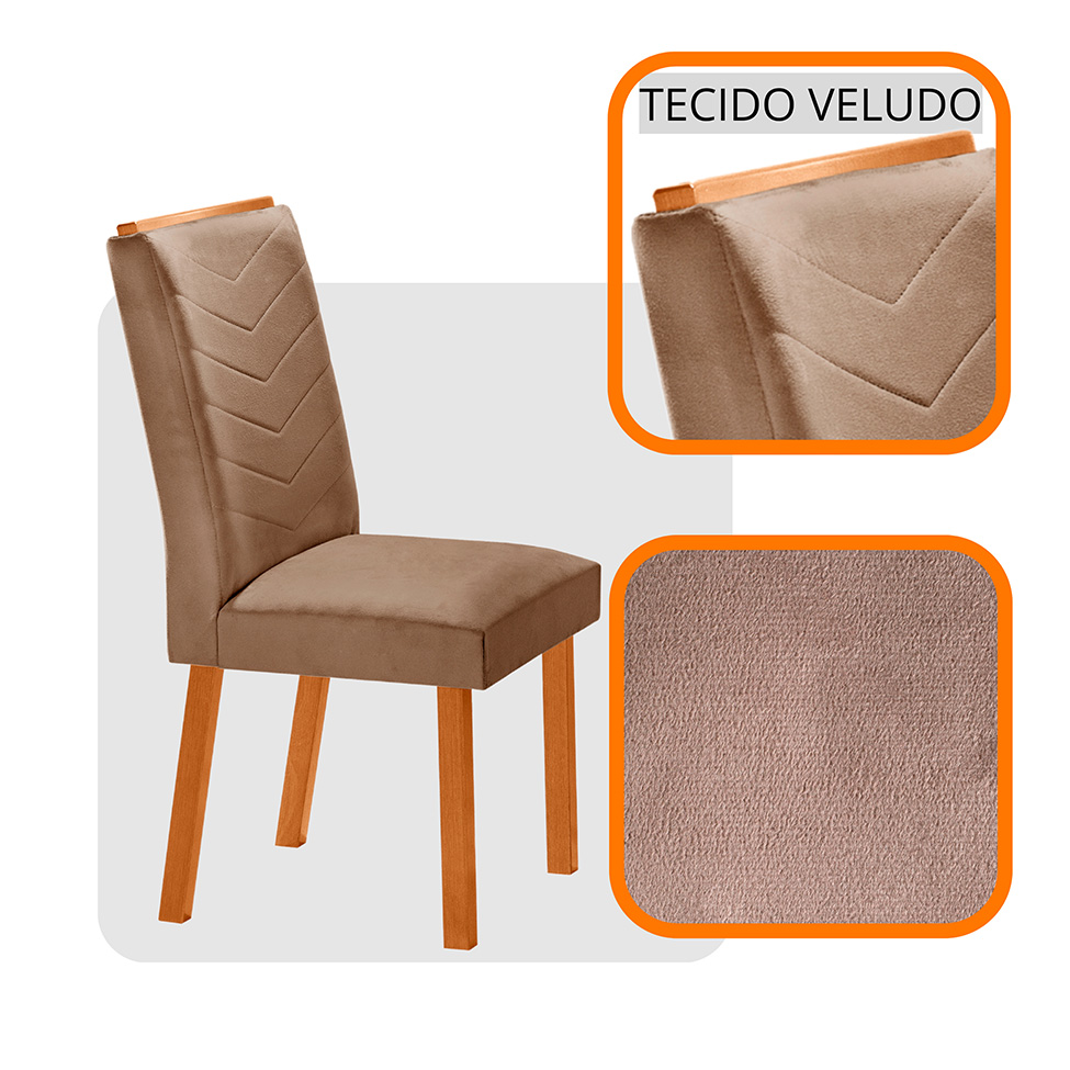 Conjunto de Mesa Retangular com Tampo de Vidro Off White Ayla e 6 Cadeiras Turquesa Veludo Capuccino e Amadeirado 180 cm