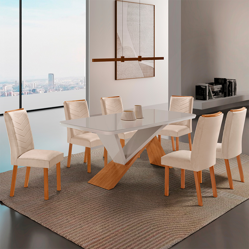 Conjunto de Mesa Retangular com Tampo de Vidro Off White Ayla e 6 Cadeiras Turquesa Veludo Creme e Amadeirado 180 cm