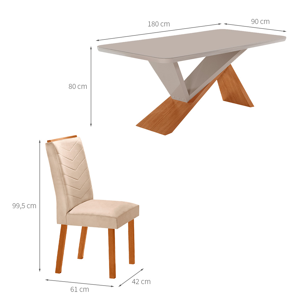 Conjunto de Mesa Retangular com Tampo de Vidro Off White Ayla e 6 Cadeiras Turquesa Veludo Creme e Amadeirado 180 cm