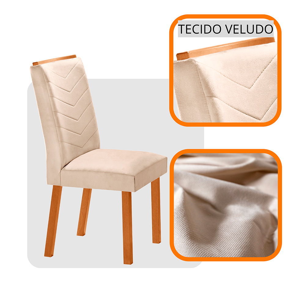 Conjunto de Mesa Retangular com Tampo de Vidro Off White Ayla e 6 Cadeiras Turquesa Veludo Creme e Amadeirado 180 cm